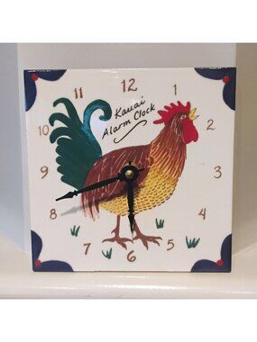 Vtg Hawaii Hand Painted Rooster Ceramic Tile Kauai Alarm Clock 6" x 6" - READ